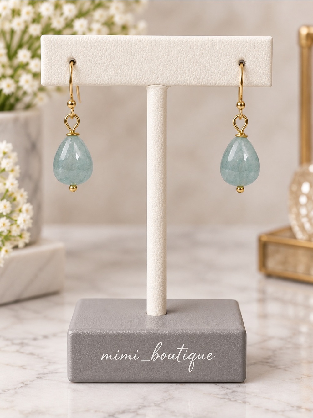 Blue Angelite Gemstone Earrings Gold Tone Nickel Free Hooks